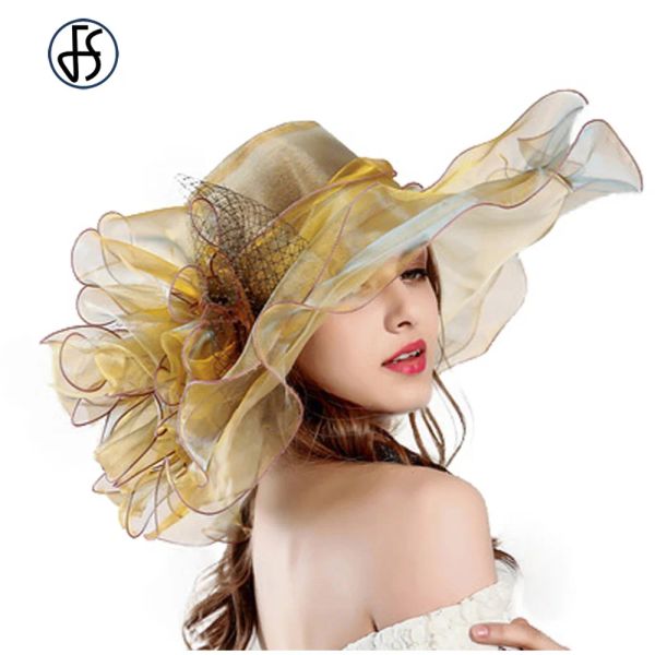 Snapbacks fs 2023 moda primavera verão organza kentucky chapéus para mulheres elegantes senhoras ampla borda grande chapéu de casamento da igreja com flor grande