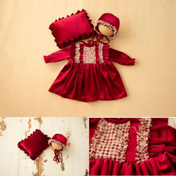 Rot Veet Outfits Weihnachtskleid Hut Posieren Kissen 3-teiliges Set Fotografie-Requisiten für Neugeborene Baby-Mädchen Set Studioaufnahmen Foto-Requisiten