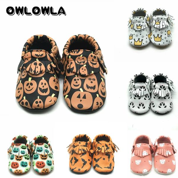 Outdoor Baby Mokassins Weiche Sohle Leder Schuhe Für Mädchen Jungen Echtes Leder Druck Halloween Booties Erste Wanderer Fit 024 Bebe