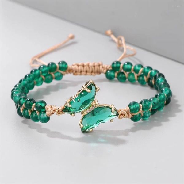 Charme Armbänder Mode Grüne Quartzs Perlen Naturstein Kristall Schmetterling Form Anhänger Armband Gewebtes Seil Frauen Schmuck