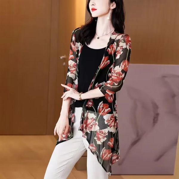 Giacche Donna Kimono Gilet Blusa Aria condizionata Protezione solare Camicette femminili Giacche Camicie lunghe in chiffon da donna Famale Coprispalle