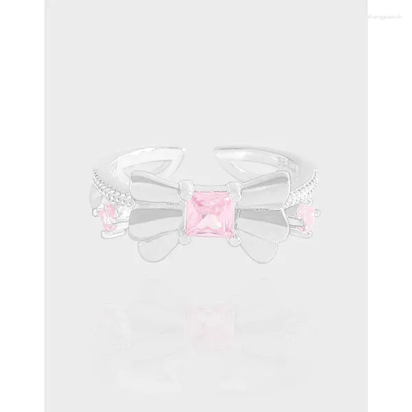 Cluster-Ringe S925 Sterling Silber Trendy Lovely Pink Love Shaped Crystal Offener verstellbarer Ring mit Schleife Strass CZ für Frauen