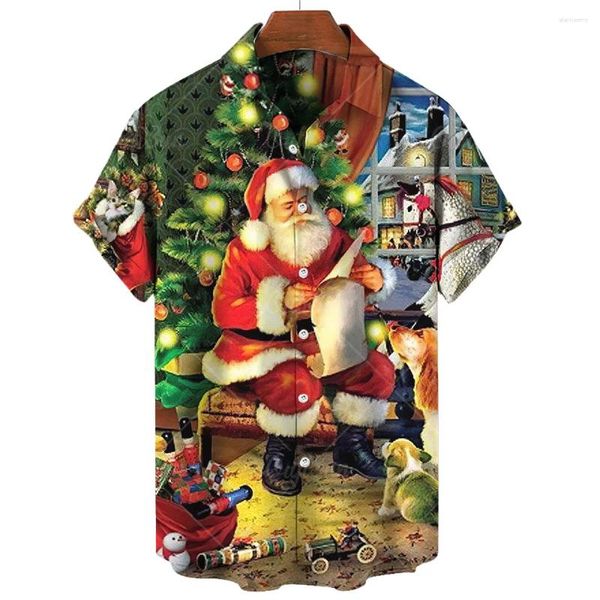 Männer Casual Hemden 2024 Hemd Weihnachten Drucken Kurzarm Top Hawaiian Revers Knopf Für Männer Mode Party Kleidung T-shirt