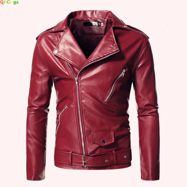 Красная цепочка с украшением мотоциклетная кожаная куртка-бомбер мужская осенняя облегающая мужская кожаная куртка с отложным воротником S-5XL 240228