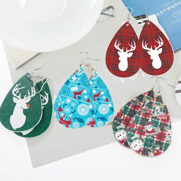 Baumelnde Ohrringe Potosala Weihnachten Elch Schneemann doppelseitiger Anhänger Leder tropfenförmig weibliche Modeschmuck Geschenke