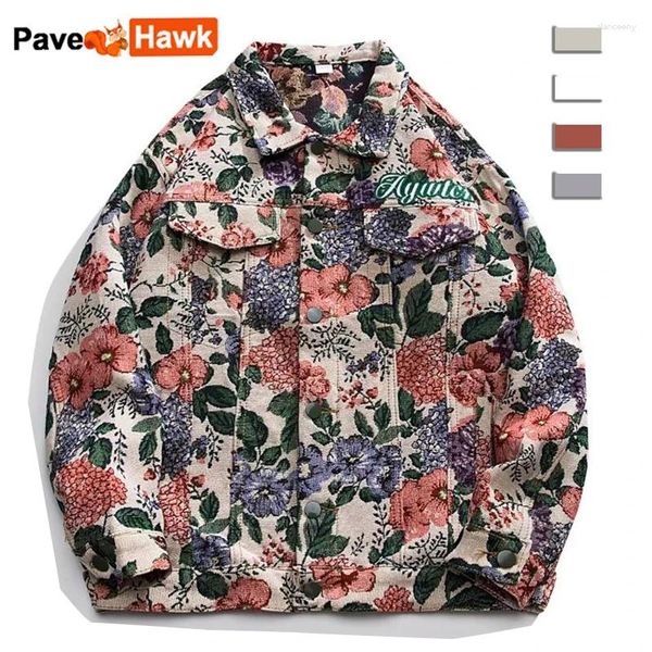 Jaquetas masculinas homens retro denim jaqueta flor pintura a óleo padrão mulheres casaco solto unisex bombardeiro outwear primavera outono rua varsity