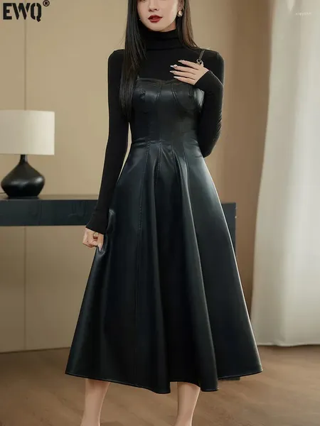 İş Elbiseleri UCXQ Siyah Mizaç Basit Uzun Kollu Stand Yakası Üst Bluz Deri Sling Elbise İki Parça Set 2024 İlkbahar Yaz 23A7299