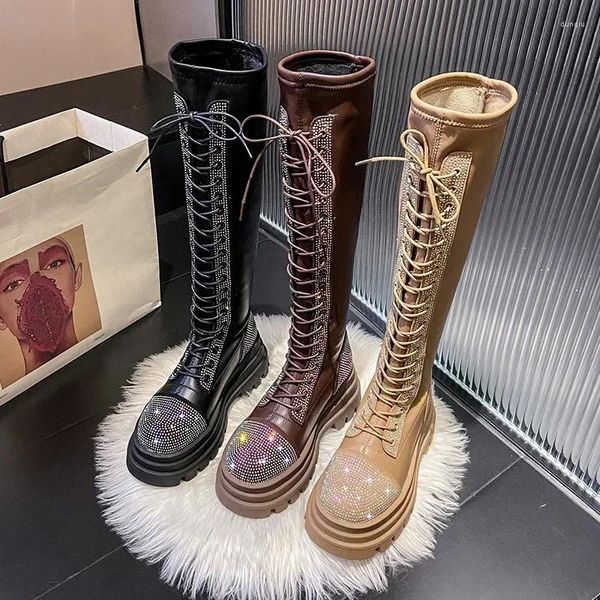 Stiefel Koreanische Strass Lange Röhre Frauen Winter Saisonale Mode Dicke Sohlen Bankett Trend Personalisierte Casual Schuhe