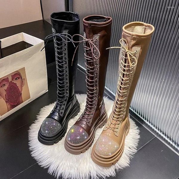 Botas coreano strass longo tubo mulheres inverno moda sazonal grossa sola banquete tendência personalizado sapatos casuais