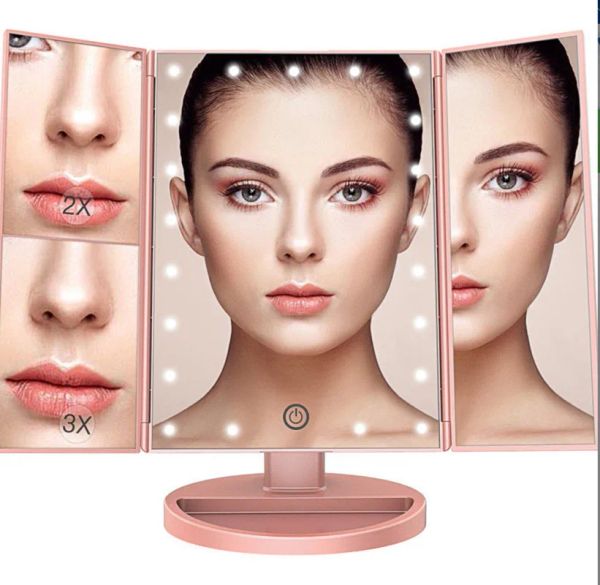 Specchi Specchio per trucco con 22 luci a LED Touch Screen Specchio per bellezza USB o batteria Specchio per trucco a tre ante Specchio cosmetico luminoso regolabile