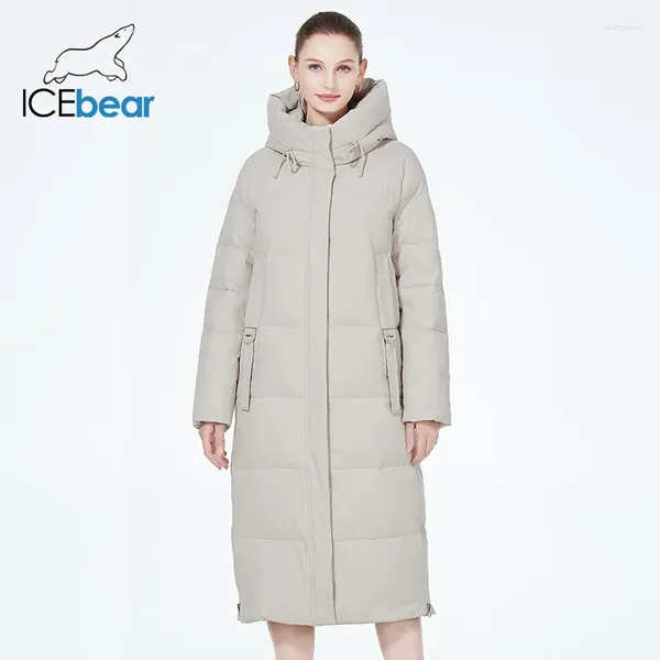 Casacos de Trench das Mulheres Icebear 2024 Maxi Longo Feminino Casaco de Inverno Slim Zíper Quente Elegante Mulheres Jaqueta de Algodão Com Capuz Parka GWD3953I