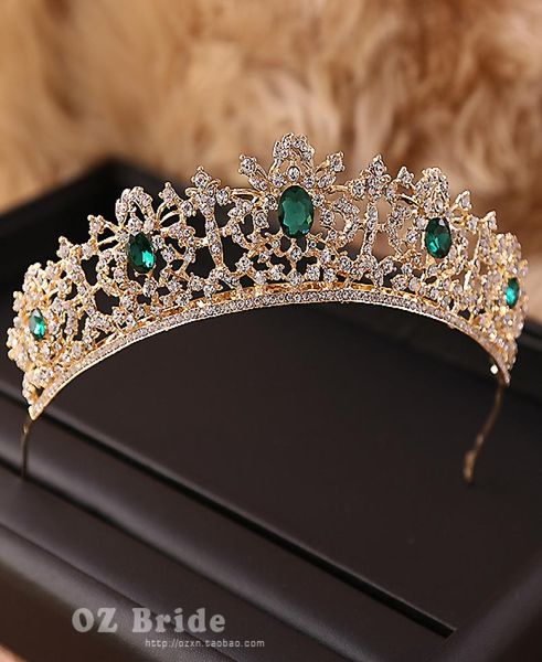 New Flaw Green Rhinestone Golden Crown Bridal Tiara Female Crown Wedding Hair Accessories Y190513025308954
