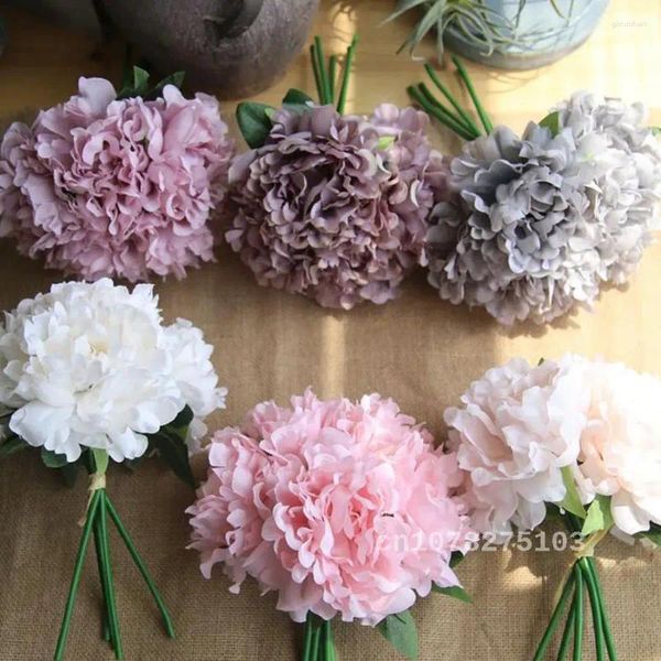 Fiori decorativi 5 pezzi di grandi capolini di peonia artificiale in seta bianca per la decorazione domestica di bouquet finto matrimonio