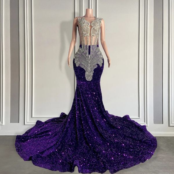 Lusso viola con paillettes sirena prom abito di gala donna argento in rilievo abito lungo 2024 per ragazze nere 240226