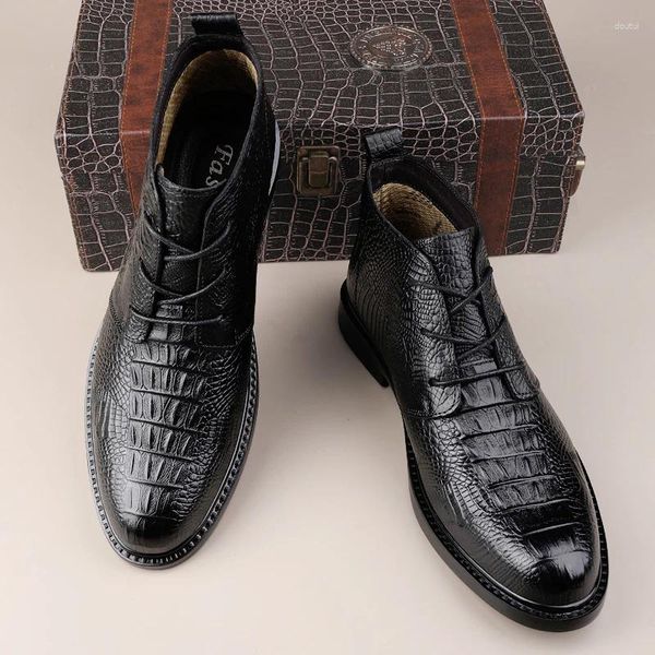 Stivali Scarpe da uomo Caviglia in vera pelle da uomo Elegante inverno peluche da neve con lacci modello coccodrillo moto