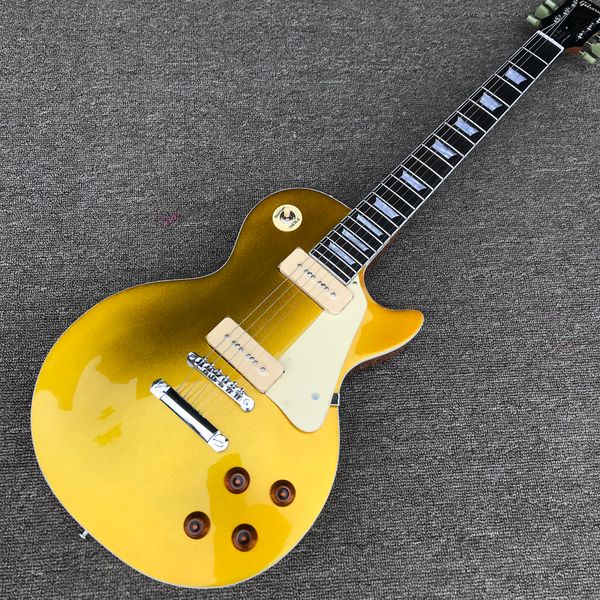 Guitarra elétrica personalizada, corpo dourado, escala de jacarandá, 2 captadores P90, hardware de liga cromada, frete grátis