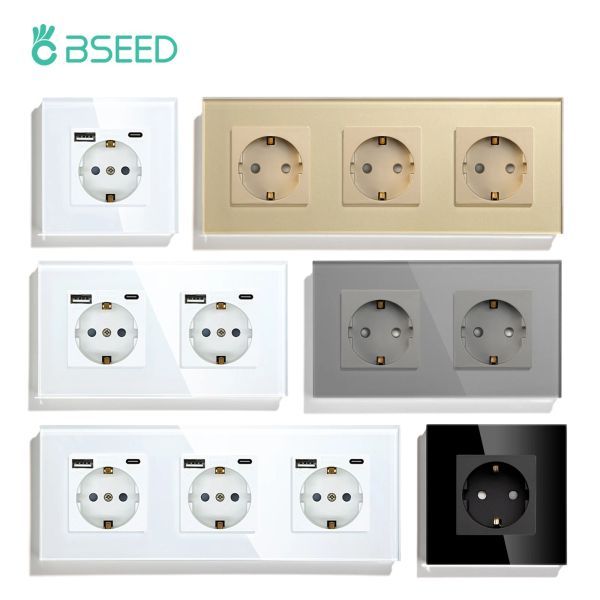 Kontroller Bseed AB Standart Tek Güçlü Soket Kristal Panel 16a Çift Duvar Çıkışları Üçlü Yuvalar Cam Dörtlü Duvar Yuvaları