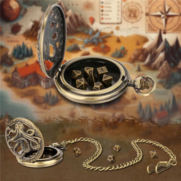 Set di dadi in metallo poliedrico da gioco antico 7 pezzi con catena FOB per cassa dell'orologio da tasca