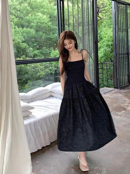 Vestidos casuais mulheres 2024 verão preto cintura alta sexy clube sundress feminino coreano moda bandagem deslizamento longo vestido sem costas robe vintage