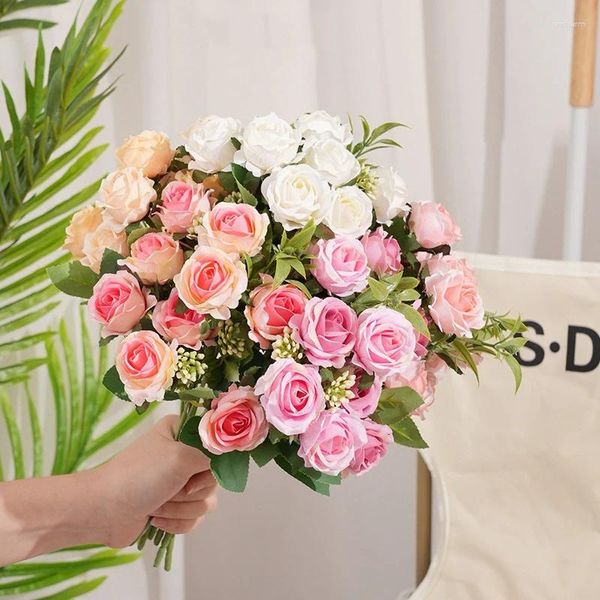 Flores decorativas 10 cabeças buquê de rosas artificiais peônias de seda diy para vaso de casamento escritório el mesa peça central decoração de casa