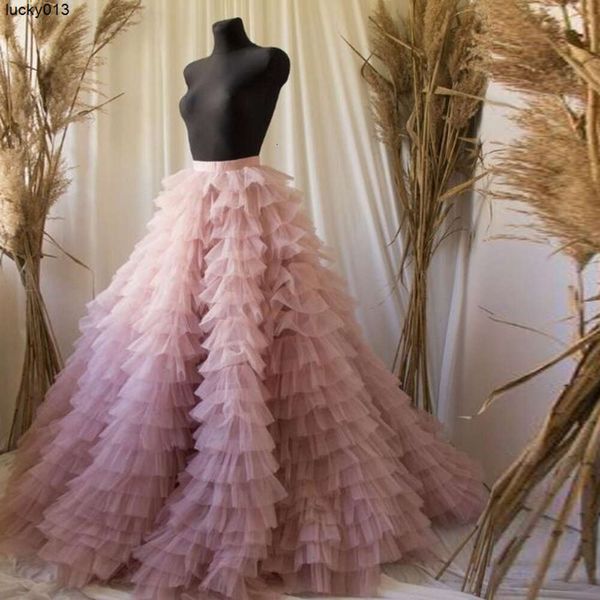 Echtes Bild, gestuft, gerafft, lange Braut-Tüllröcke, Ballkleid, süßes Rosa, hohe Taille, individueller Tutu-Rock für Frauen, Faldas Saia Jupe