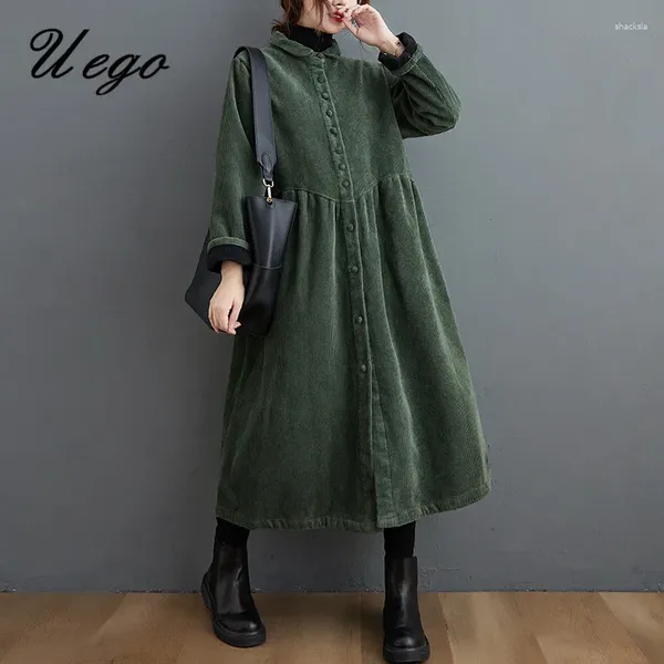 Frauen Graben Mäntel 2024 Cord Verdicken Fleece Warme Winter Einreiher Lange Frauen Kleidung Outwear Casual Weibliche Vintage