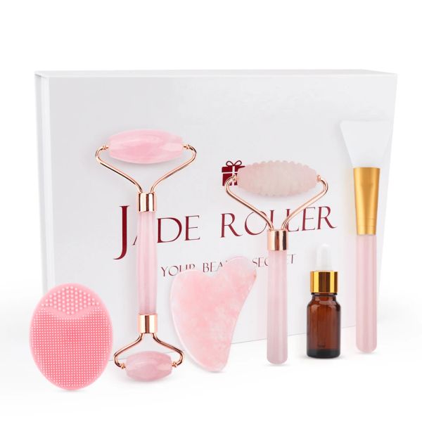 Rolo de jade e gua sha conjunto de quartzo rosa massageador facial 6 em 1 rolo facial caixa de presente massageador para rosto beleza ferramentas de cuidados com a pele