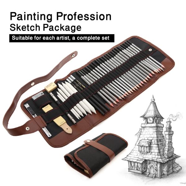 Canetas 27/39pcs Conjunto de lápis de esboço Kit de desenho profissional para lápis de madeira Bolsas para lápis para pintores Alunos da escola Materiais de arte