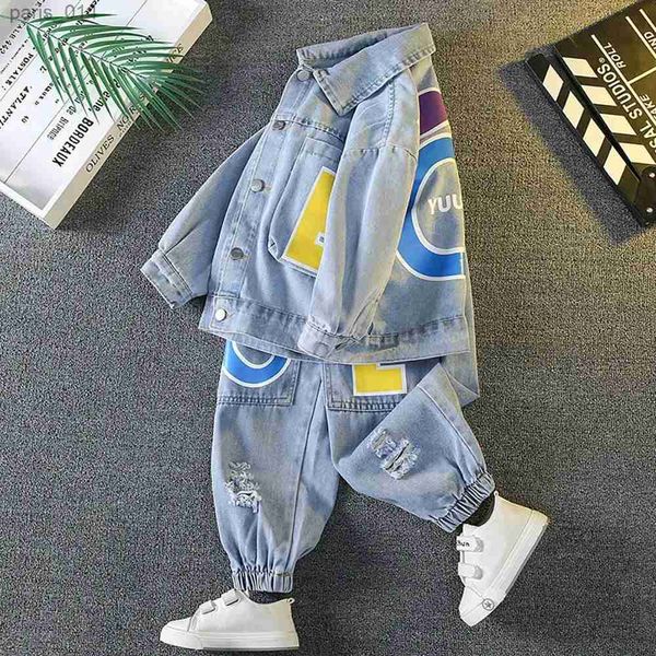 Setler/Takımlar 1-8 Yaşlı Erkek Boys Jeans Takım Sıradan Gevşek Çocuk Mektubu Denim Katlar+Pantolon 2pcs Bahar Sonbahar Yakışıklı Çocuk Giysileri Setleri