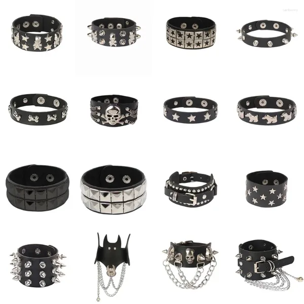 Braccialetti di collegamento 2024 Teschio Punk Gotico Bracciale Catene di metallo Stud Spikes Rivetto Pu Polsino in pelle Bangle Polsino largo Donna Uomo Gioielli