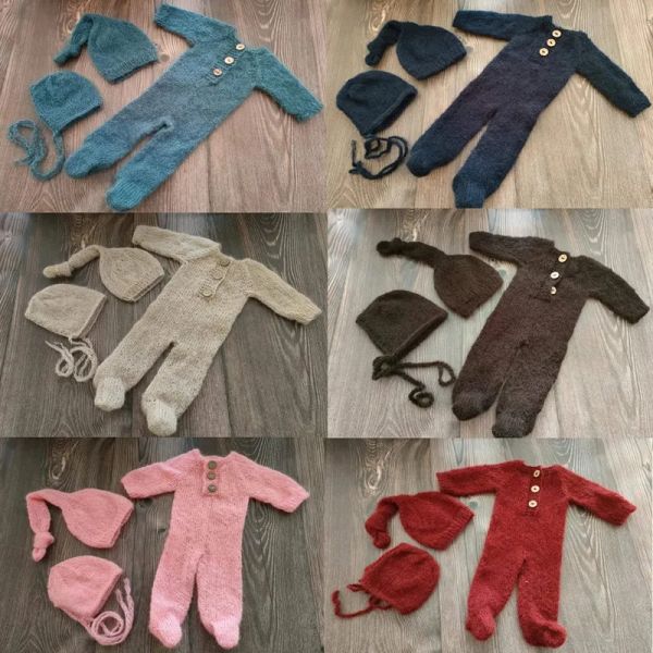 Conjuntos de adereços para fotografia de bebê, malha de lã mohair, roupa de bebê menina menino, macacão, chapéu, roupas para fotografia recém-nascida