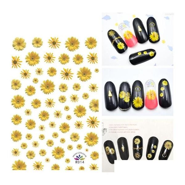 Adesivos decalques prego girassol 3d para unhas pequena flor amarela fresca adesivo folha arte decorações manicure acessórios entrega gota otac1