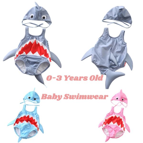 Conjuntos 03t bebê crianças roupa de banho bonito tubarão bebê meninos meninas maiô com chapéu de natação uma peça bebê nadar terno maillot de bain minnie fille