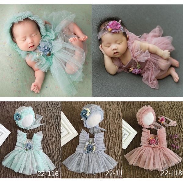 Conjuntos de roupas para fotografia de recém-nascidos, vestido + chapéu + bandana, 3 tamanhos, adereços para fotos de bebês, acessórios para estúdio infantil, roupas de sessão
