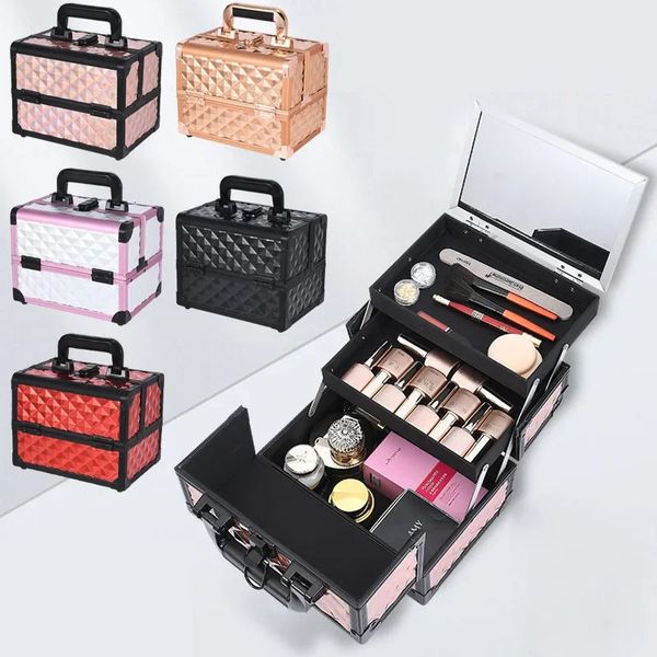 2024 caixa de maquiagem profissional liga alumínio organizador de maquiagem das mulheres caixa com espelho viagem grande capacidade maleta transporte 240228