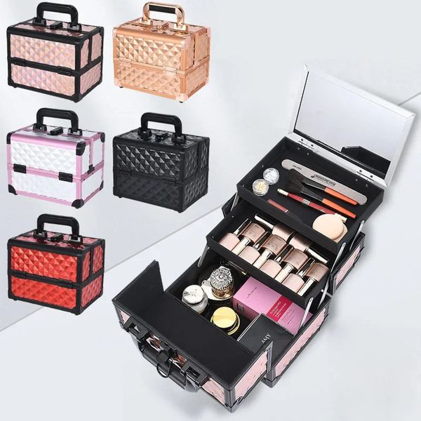 2024 Professionelle Make-up-Box, Aluminiumlegierung, Make-up-Organizer, Damen-Make-up-Box mit Spiegel, Reise-Tragetasche mit großem Fassungsvermögen, 240228