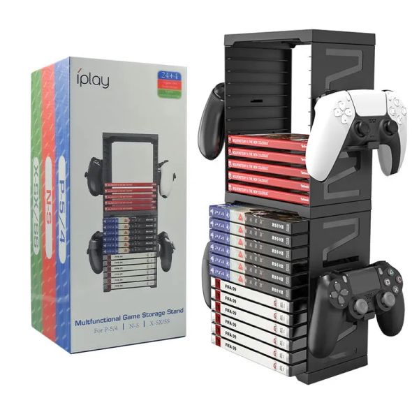 Геймпады Чехол для хранения игровых дисков Держатель подставки для компакт-дисков Максимальное удержание 24 игр 4 контроллера для PS4/PS5/Xbox Series X/S/Nintendo Switch/Xbox One