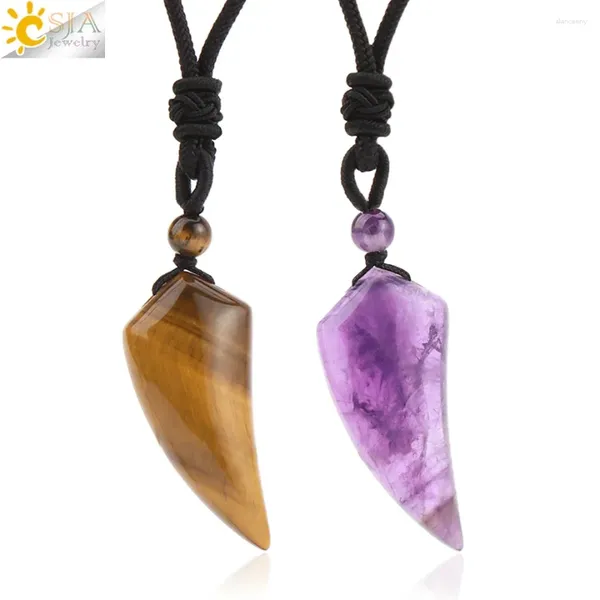 Anhänger Halsketten CSJA Naturstein Wolf Zahn Halskette Für Mann Amulett Amethyst Tigerauge Kristall Anhänger Halloween Schmuck Frauen H247