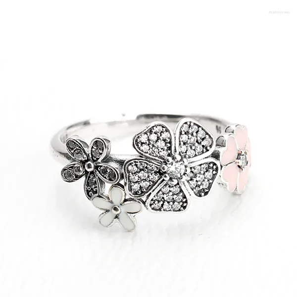 Cluster-Ringe aus 925er-Sterlingsilber, schimmernder Blumenstrauß, weiße und rosa Emaille, klare CZ-Blumenfinger für Frauen, Hochzeitsgeschenk