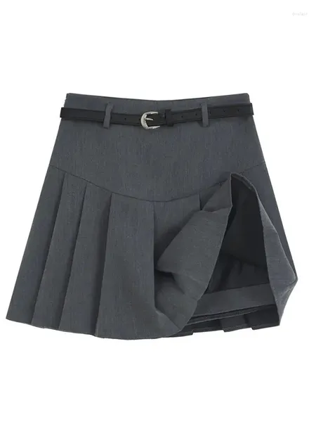 Saias chique plissado para mulheres cintura alta cinza preto moda sólida mini primavera verão uma linha saia com cinto streetwear