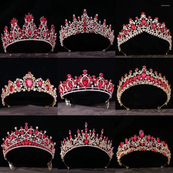 Grampos de cabelo barroco vintage cor ouro vermelho cristal nupcial tiaras coroas strass diadema feminino headpieces acessórios de casamento jóias