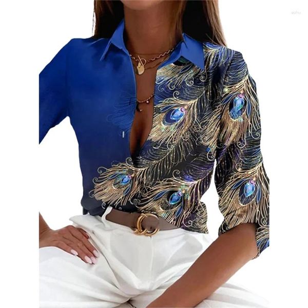 Женские блузки, модная рубашка с лацканами с павлиньими перьями и принтом драгоценных камней, женская элегантная повседневная свободная блузка, женская осенняя однобортная