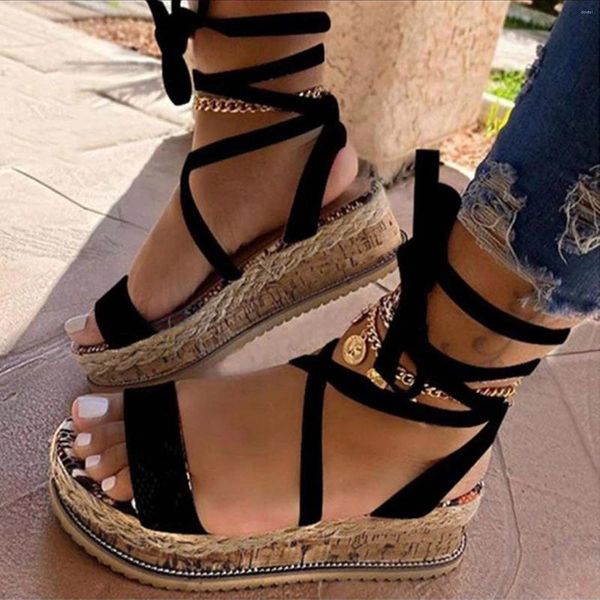 Женские сандалии на каблуке для девочек, плетеная пляжная дышащая обувь на танкетке со шнуровкой и открытым носком Sandalias Para Mujer