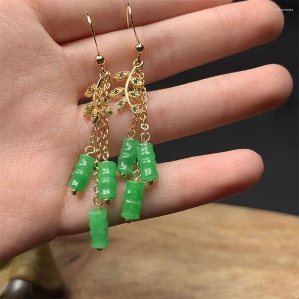 Dangle Brincos Retro Luxo Verde Jade Borla Gota 14K Ouro Chinês Estilo Antigo Pedra Para Mulheres Presente Jóias