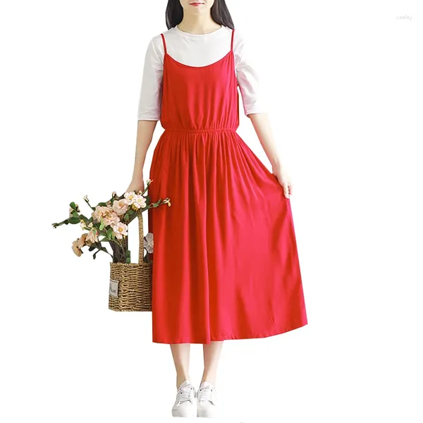 Casual Kleider 2024 Sommer Frauen Retro Solide Rot Spaghetti Strap Mori Mädchen Stil Lange Vestidos Lose Boho Strand Tank Kleid SF159