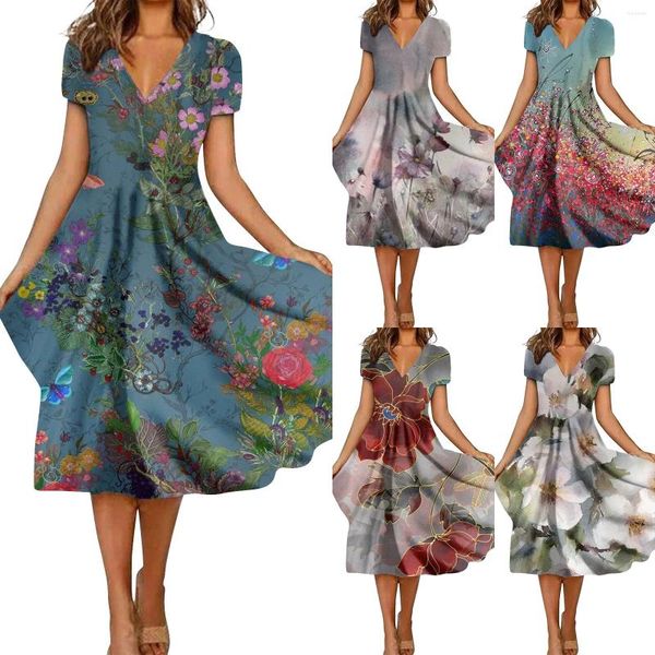 Повседневные платья Женское платье-туника с коротким рукавом и V-образным вырезом для женщин с цветочным принтом