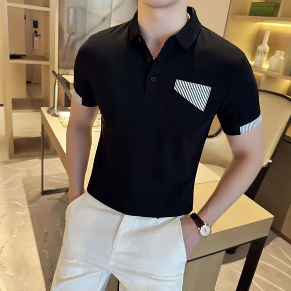 Moda coreana retalhos camisa polo para homens de manga curta casual camisas polo fino ajuste social escritório lapela camisetas roupas masculinas