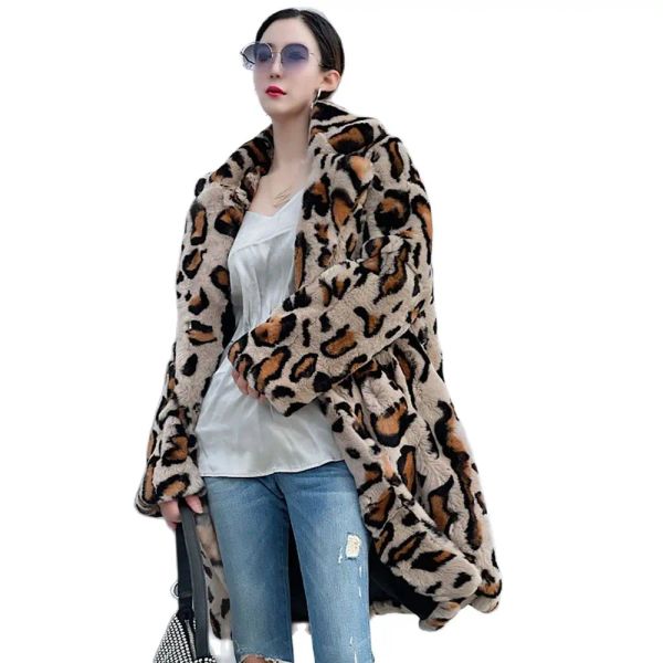 Pelz FURTJY Winter Frauen Mode Mantel Echt Kaninchen Pelz Jacke Natürliche Kaninchen Pelzmantel Lange Leopard Print Junge Damen