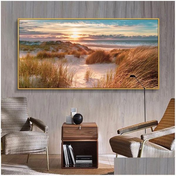 Dipinti Paesaggio spiaggia Pittura su tela Decorazioni per interni Ponte in legno Immagini di arte della parete per soggiorno Decorazioni per la casa Tramonto sul mare Pri Dhjxt