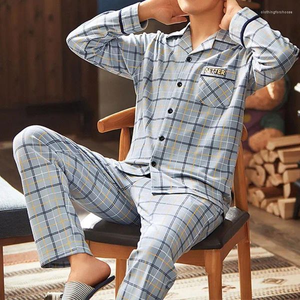 Männer Nachtwäsche Männer Plaid Baumwolle Pyjama Sets Für Kurzarm Lange Hosen Pyjama Männlichen Homewear Lounge Tragen Kleidung